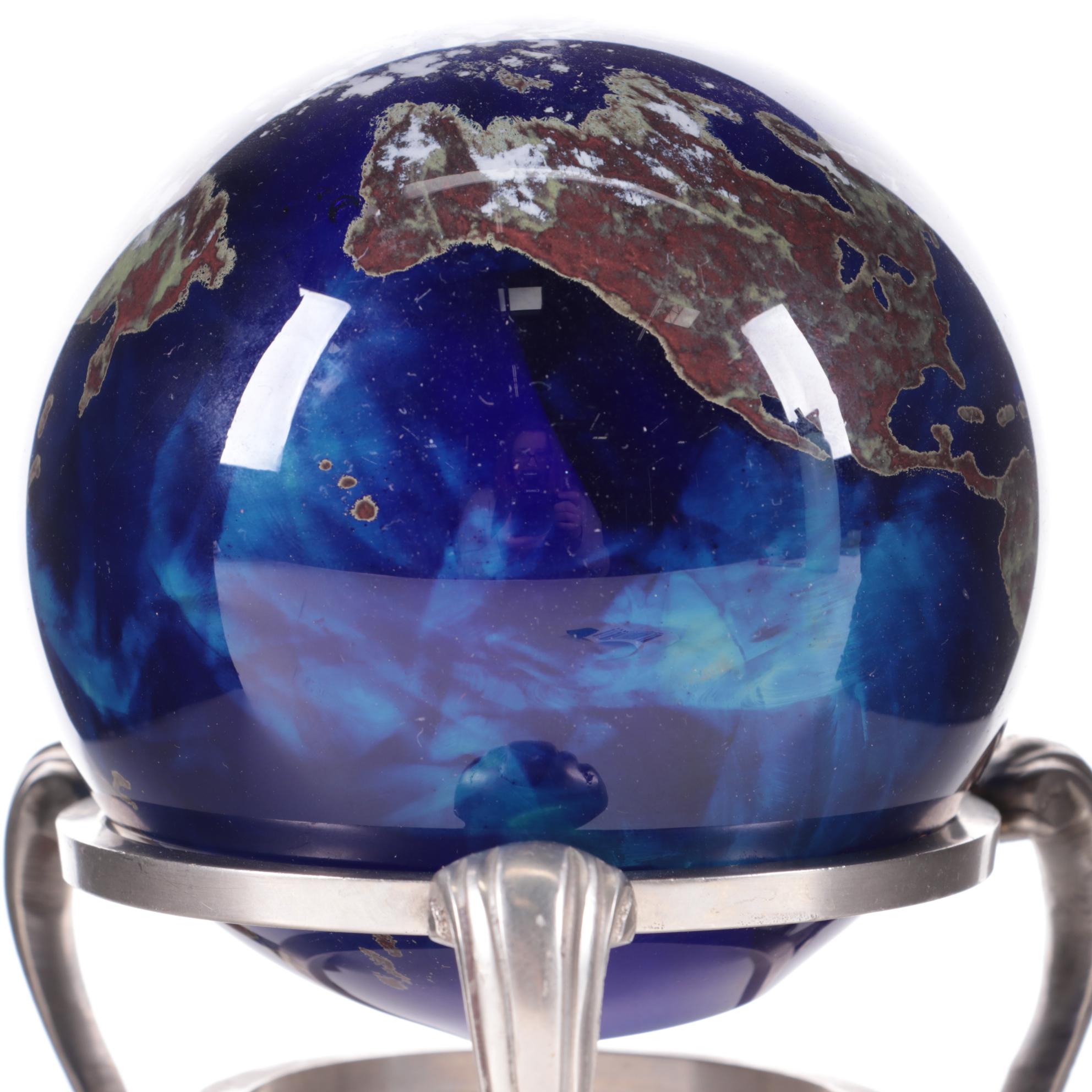 Lundberg Studios Art Glass Globe Paperweight with Metal Stand, 1998