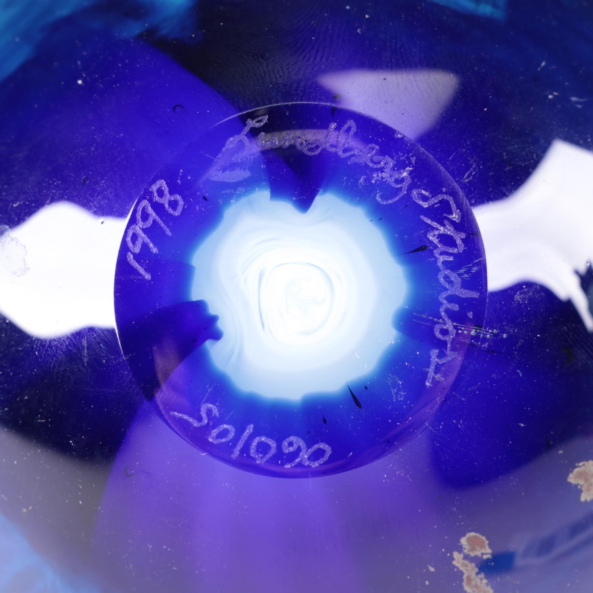 Lundberg Studios Art Glass Globe Paperweight with Metal Stand, 1998