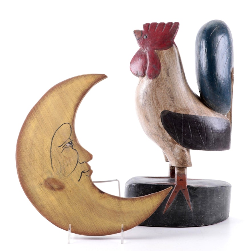 Folk Art Style Painted Wood Rooster and Crescent Moon