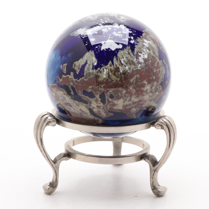 Lundberg Studios Art Glass Globe Paperweight with Metal Stand, 1998