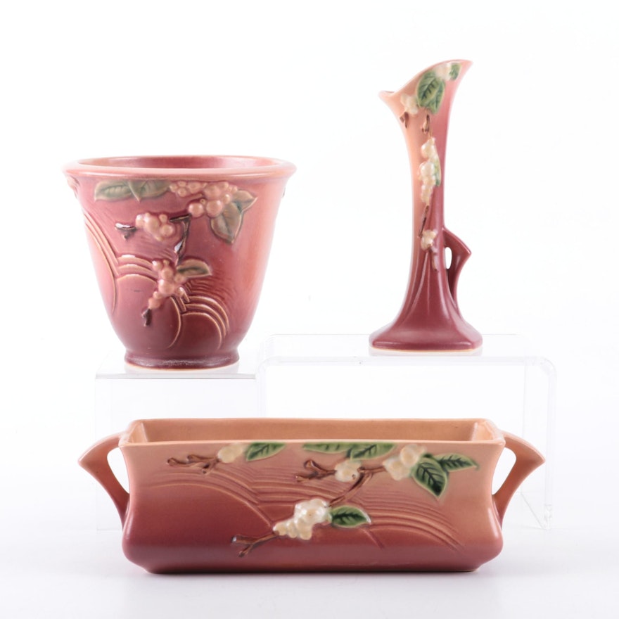 Roseville Pottery "Snowberry" Dusty Rose Glaze Planters and Vase, 1940s