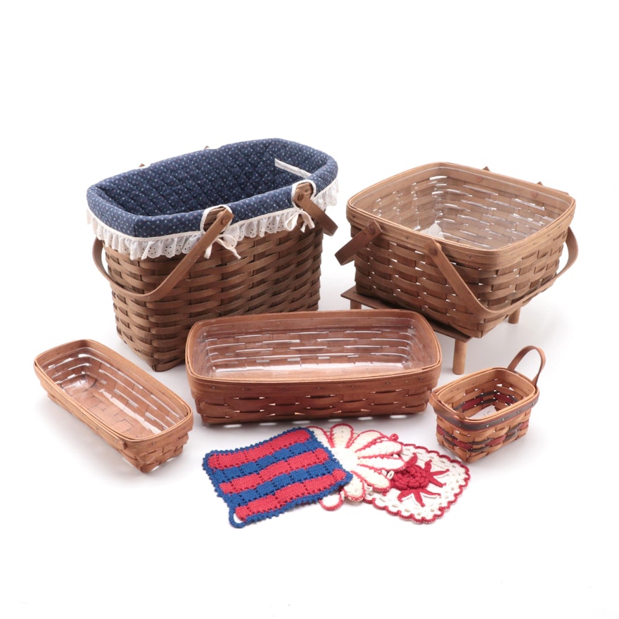 Longaberger Splint Woven Maple Baskets with Crocheted Pot Holders