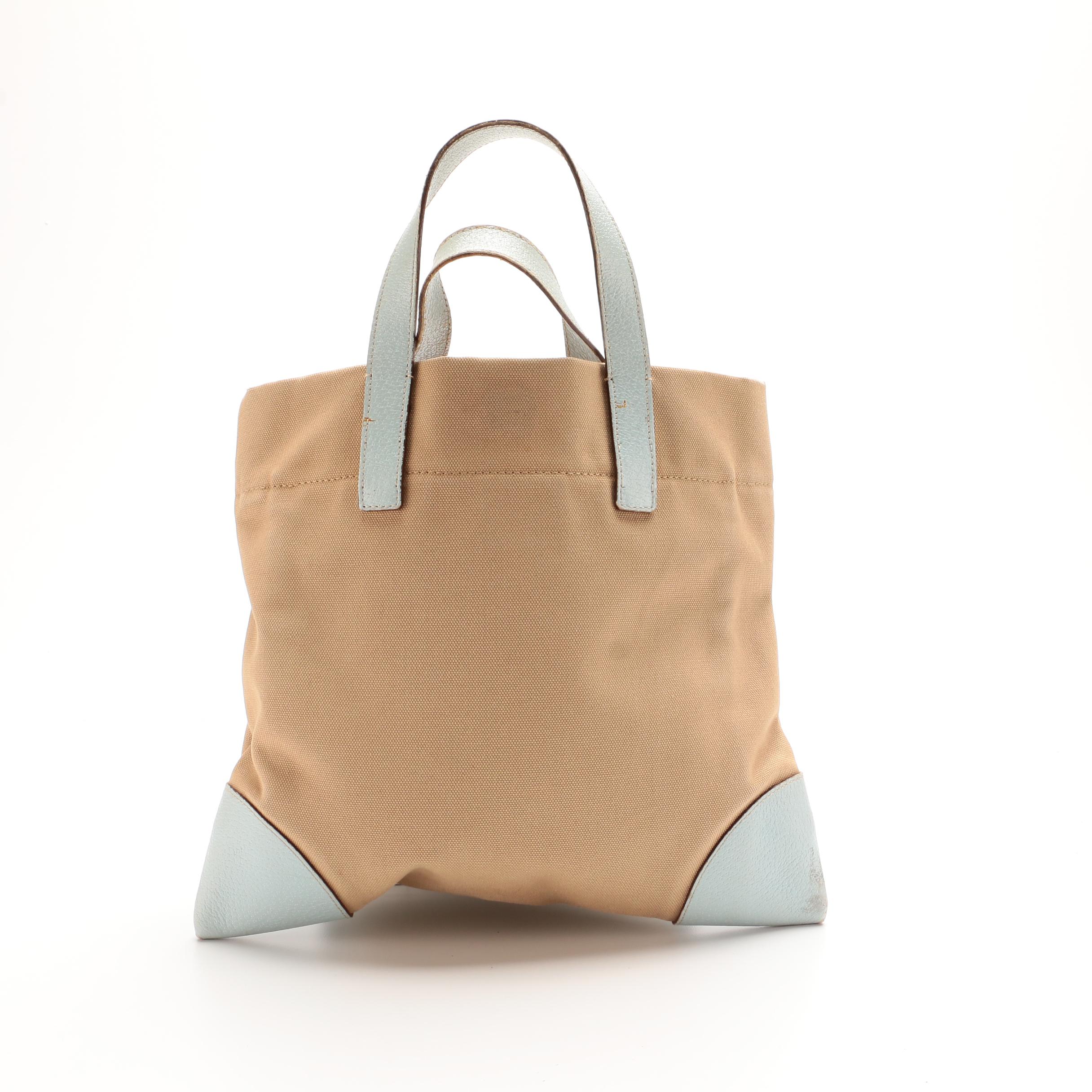 Prada Tote in Khaki Canvas with Pale Blue Leather Trims
