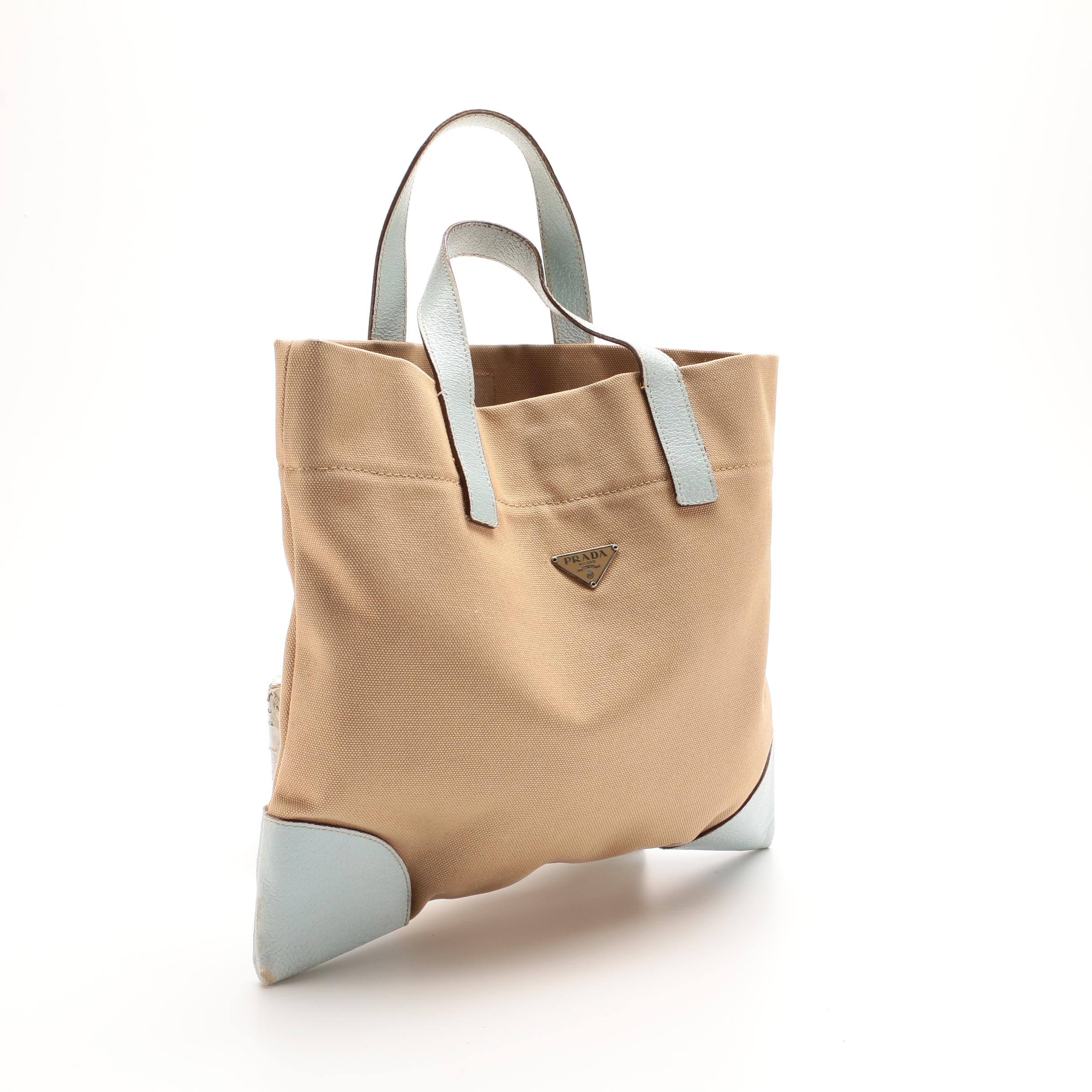 Prada Tote in Khaki Canvas with Pale Blue Leather Trims