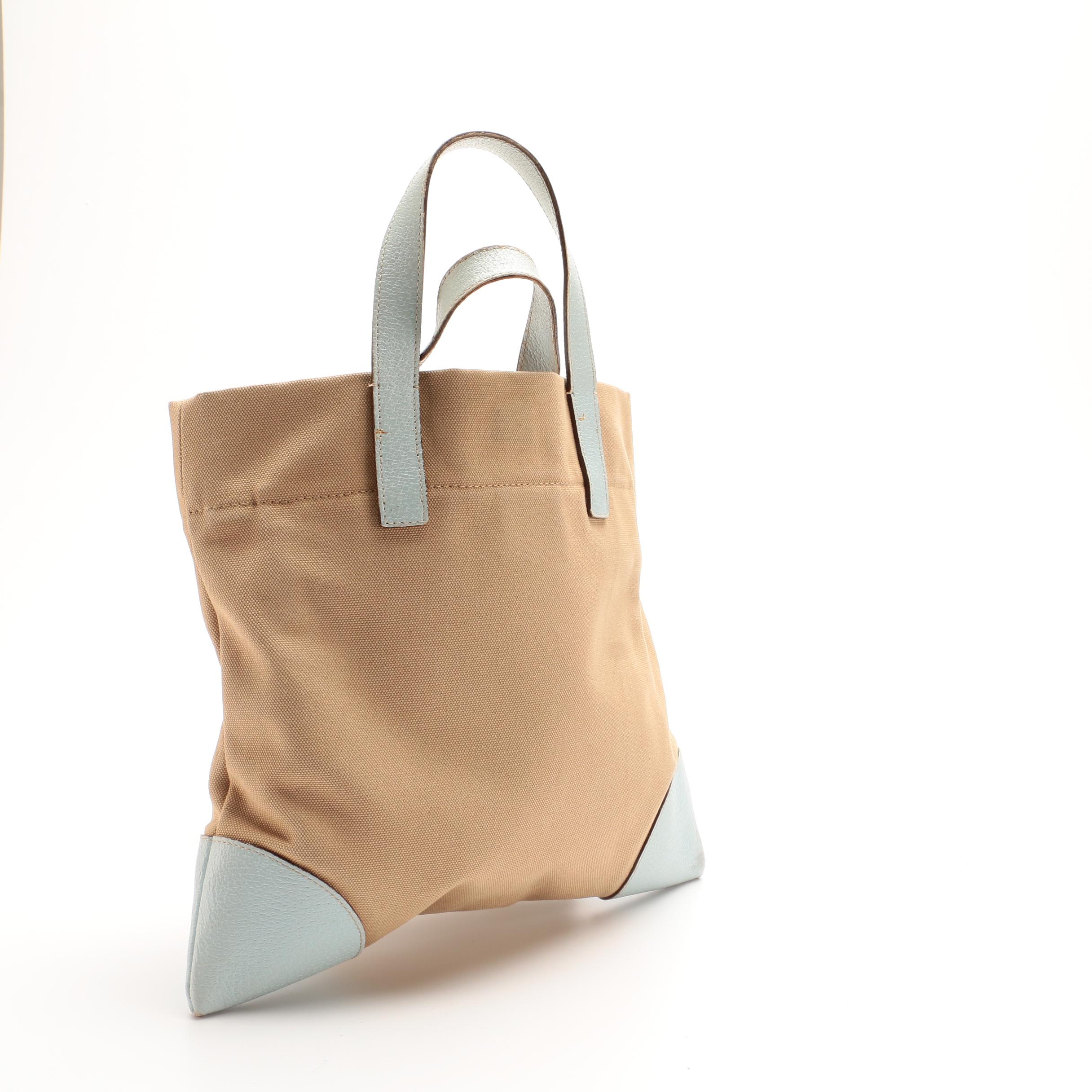 Prada Tote in Khaki Canvas with Pale Blue Leather Trims