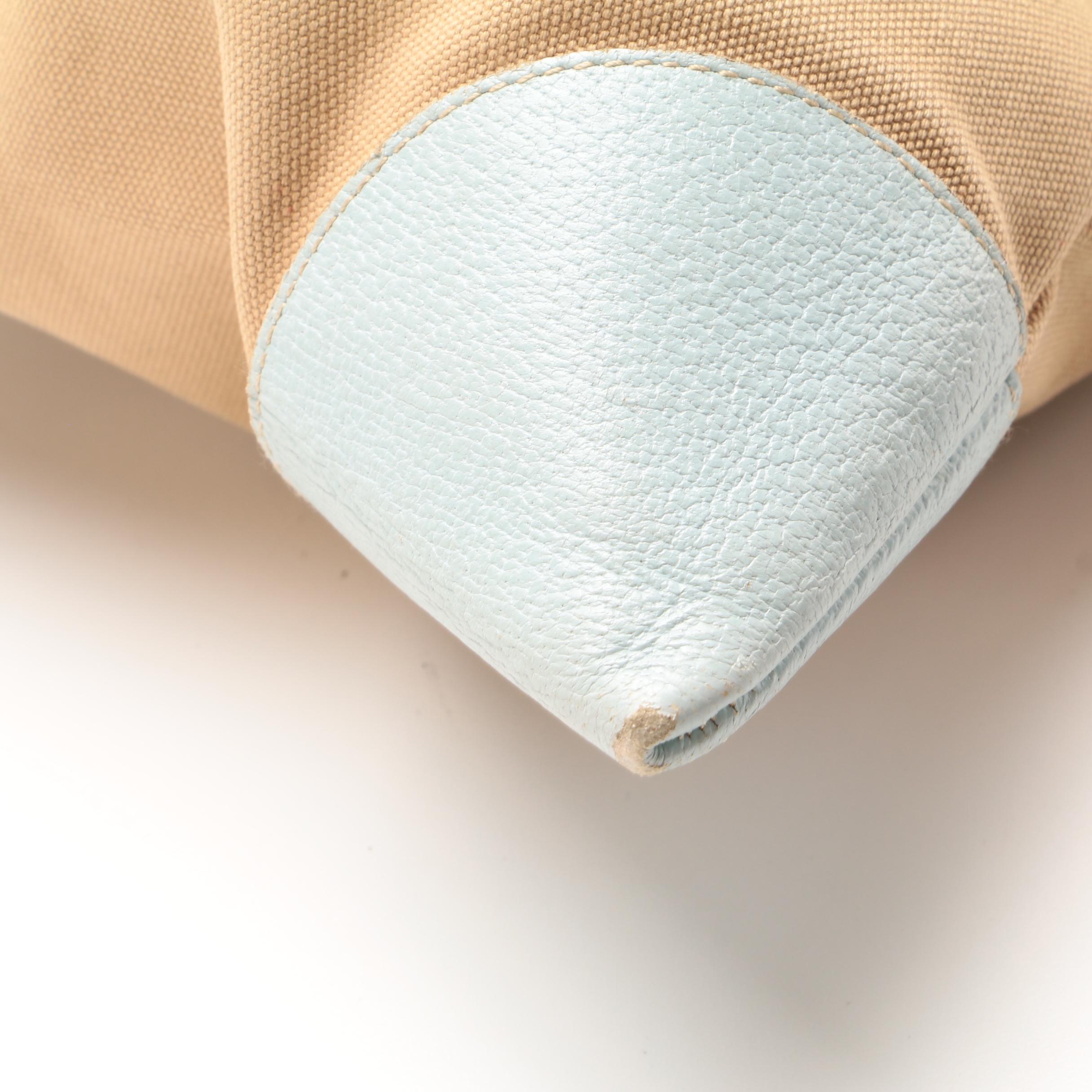 Prada Tote in Khaki Canvas with Pale Blue Leather Trims