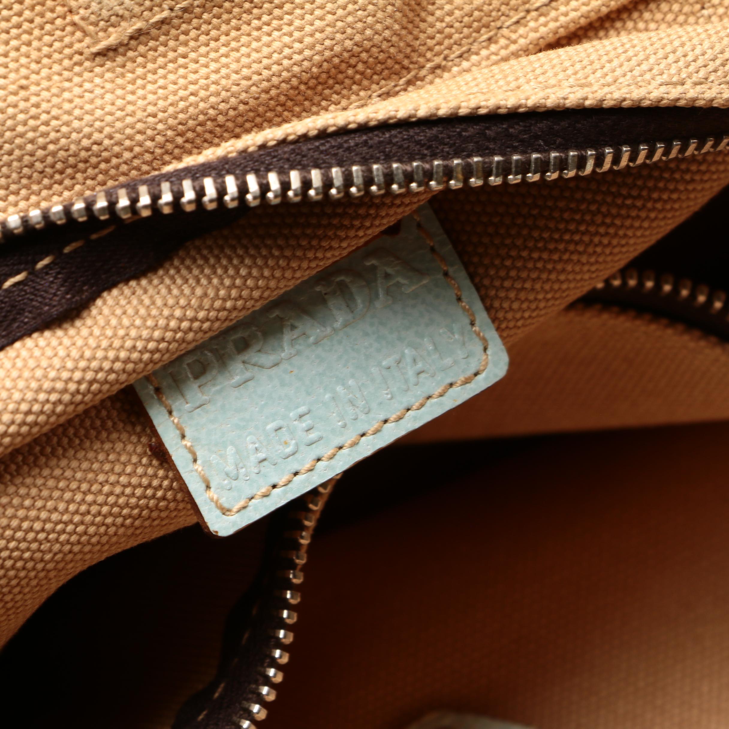 Prada Tote in Khaki Canvas with Pale Blue Leather Trims