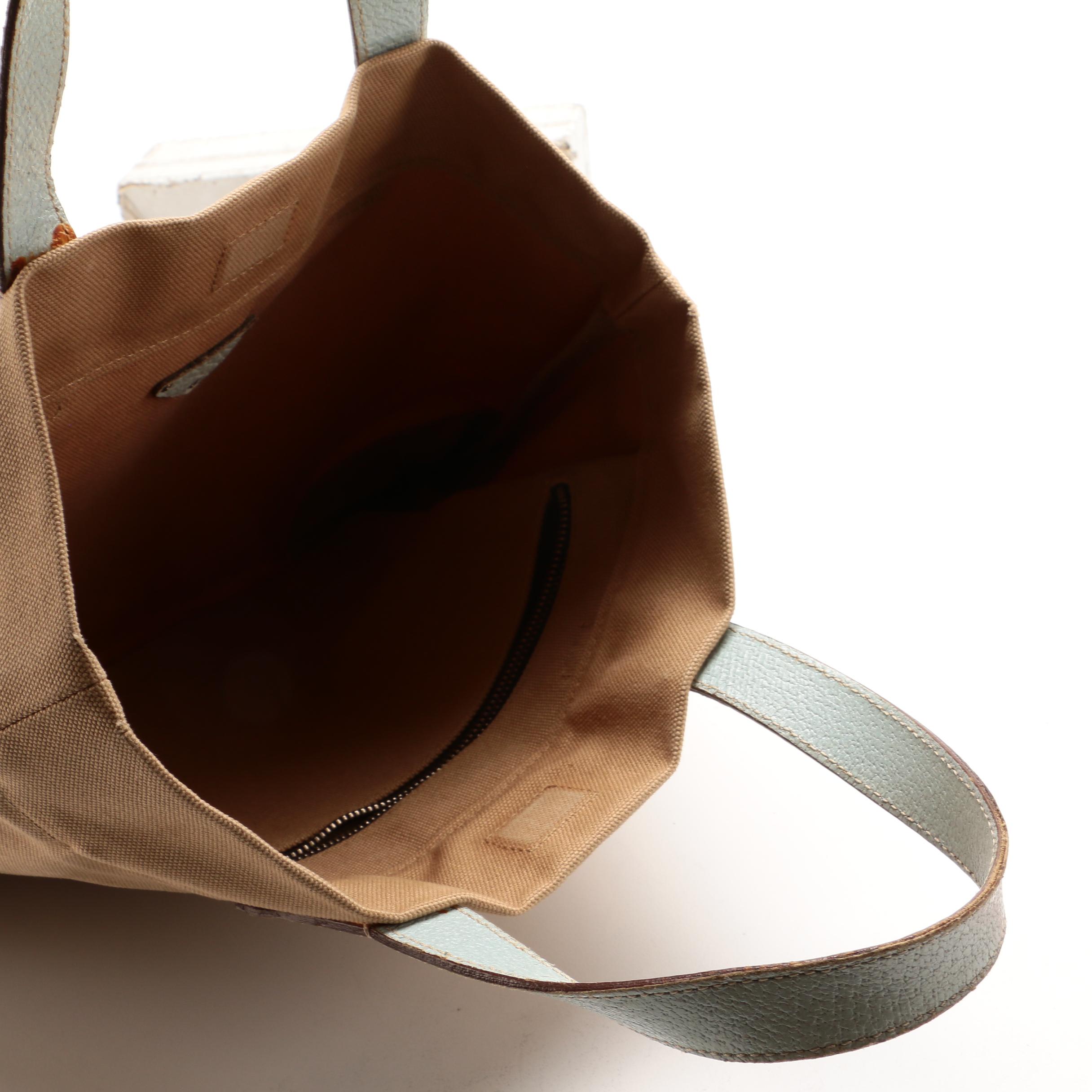 Prada Tote in Khaki Canvas with Pale Blue Leather Trims