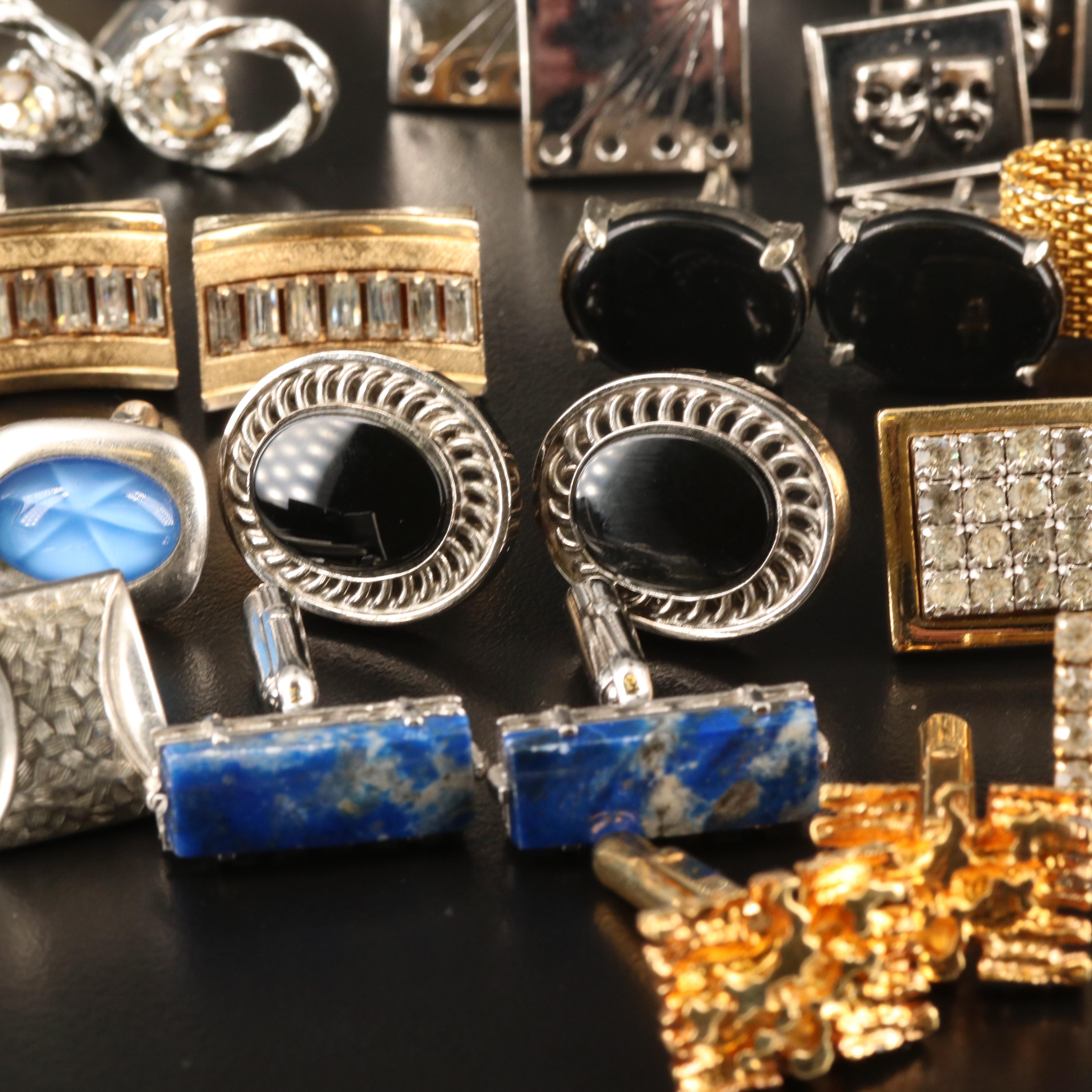 Vintage Cufflinks and Tie Clips Including Christian Dior, Comedy and Tragedy