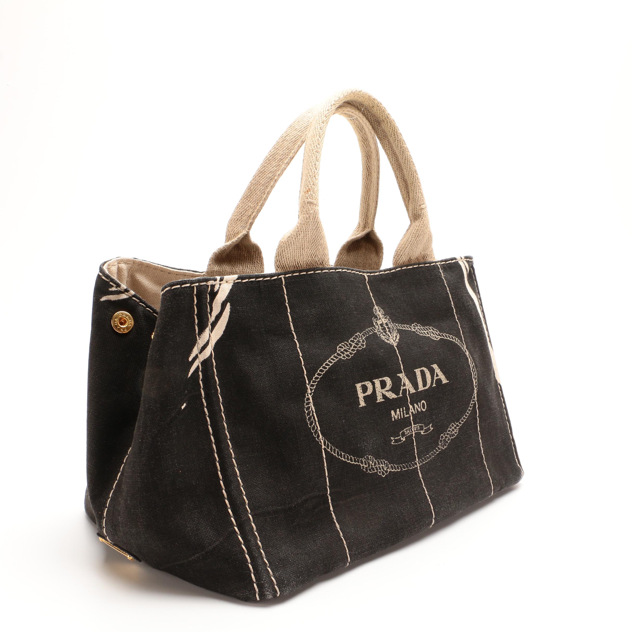 Prada Canapa Canvas Tote Bag in Black and Beige Canvas