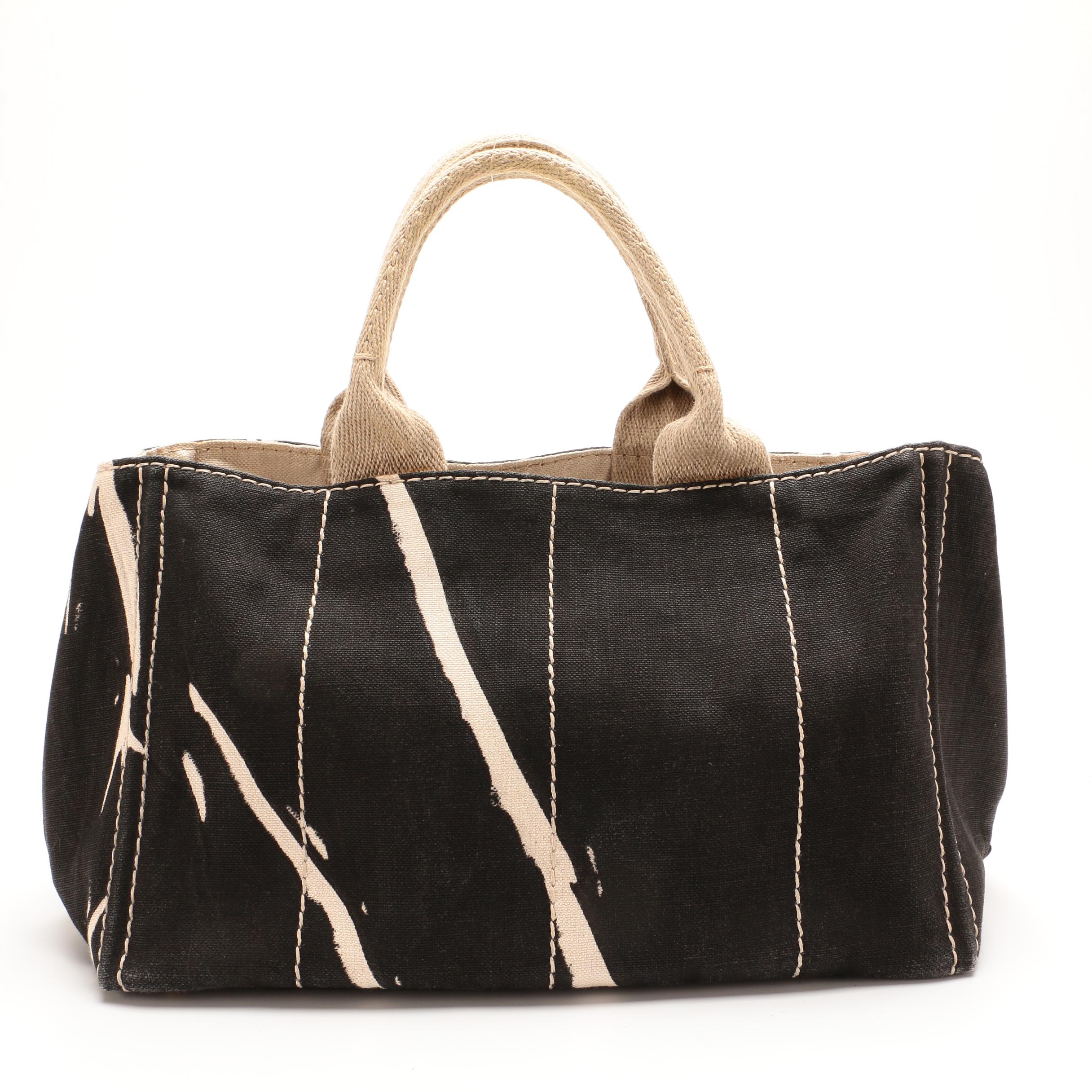 Prada Canapa Canvas Tote Bag in Black and Beige Canvas