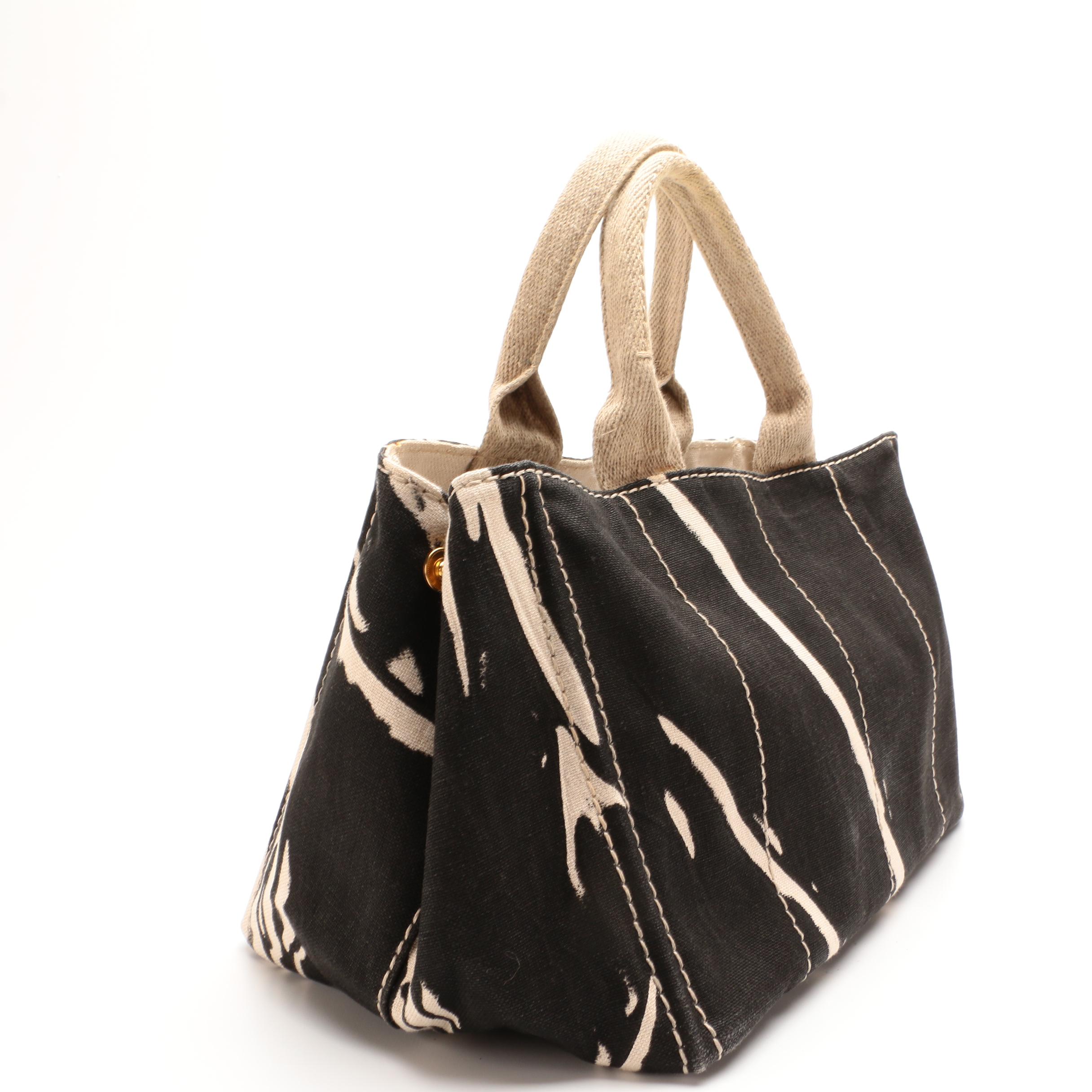 Prada Canapa Canvas Tote Bag in Black and Beige Canvas