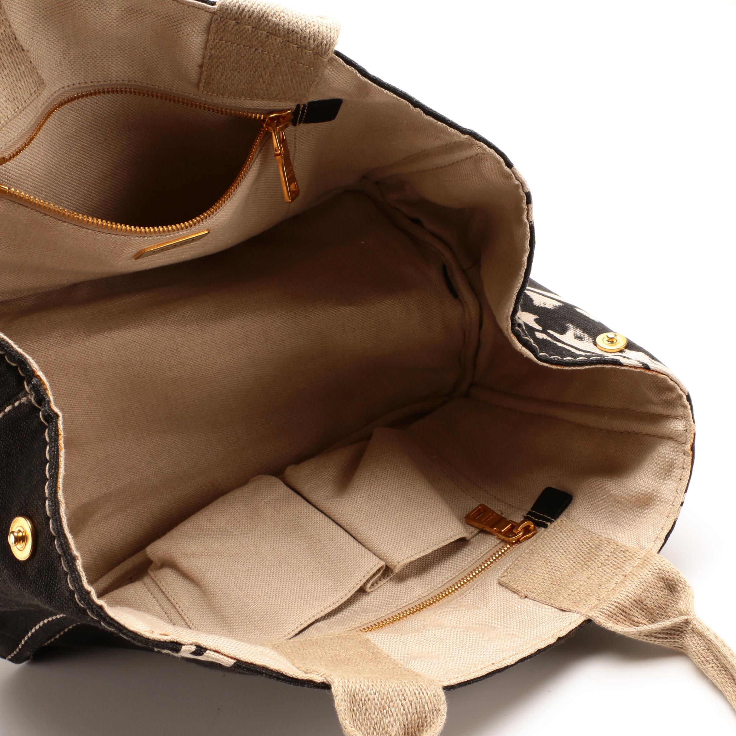 Prada Canapa Canvas Tote Bag in Black and Beige Canvas