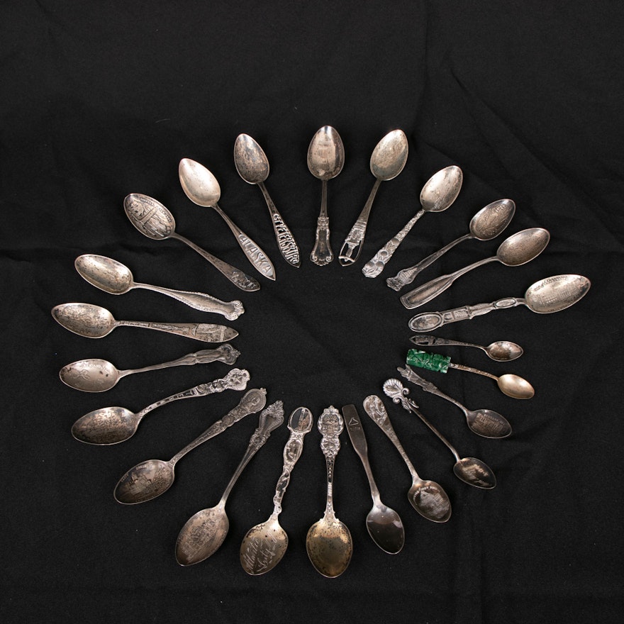 Sterling Silver Souvenir Spoons Including Tyler Davidson Fountain Spoon, 20th C.
