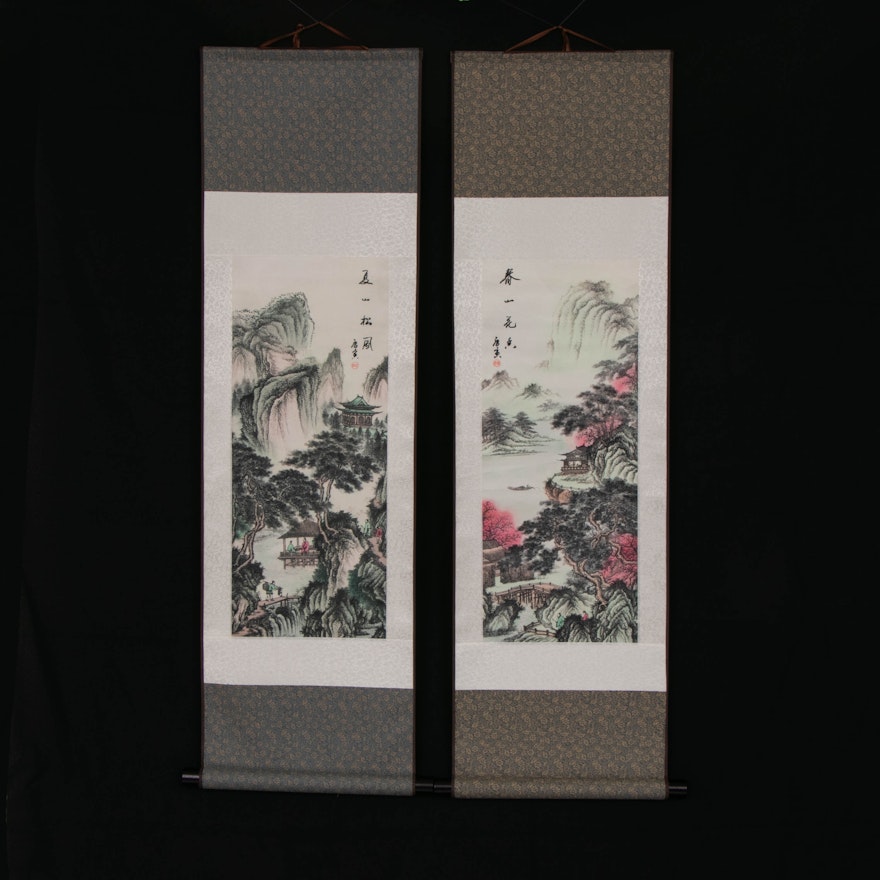 Japanese Landscape Offset Lithographs Wall Hanging Scrolls, Late 20th Century