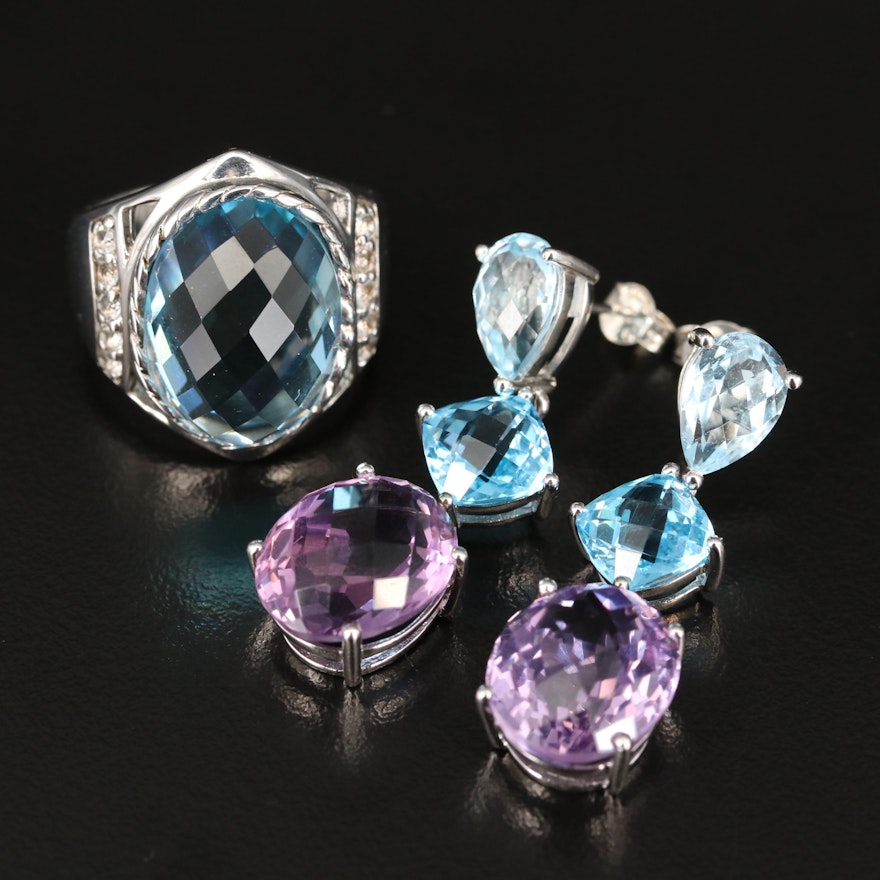 Sterling Ring and Earrings Including Amethyst and Topaz