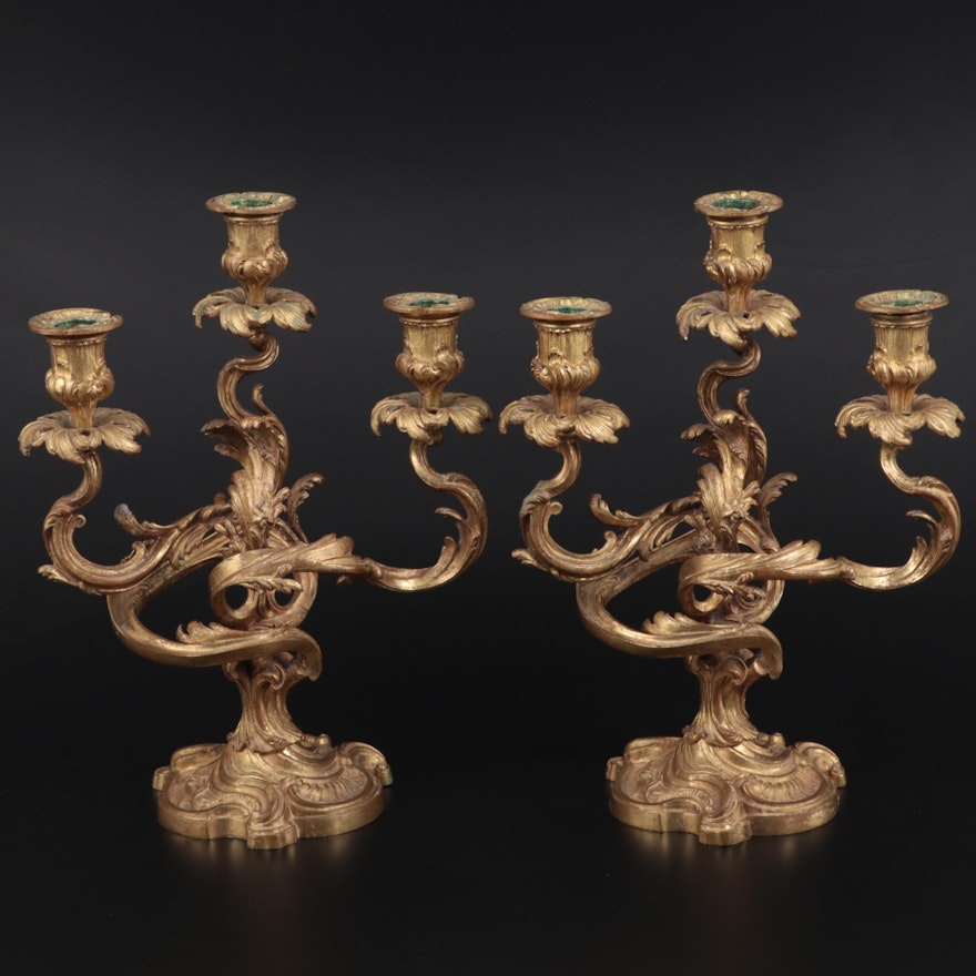 Pair of French Baroque Style Gilt Bronze Three-Arm Candelabra, Late 19th Century