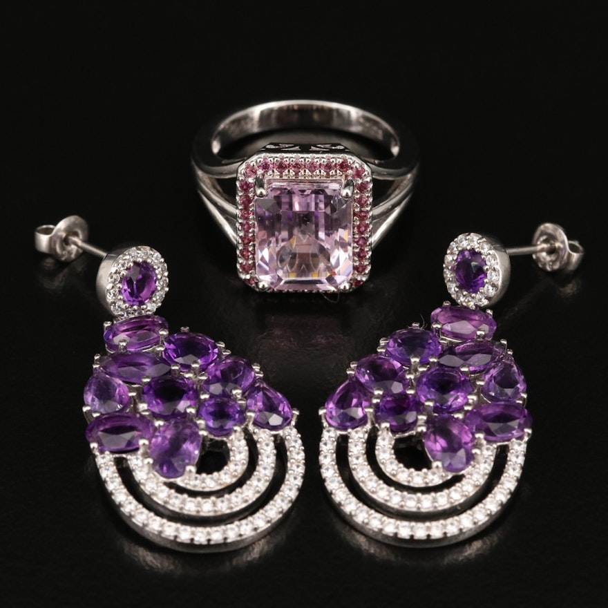 Sterling Ring and Earrings Featuring Amethyst, Kunzite and Cubic Zirconia