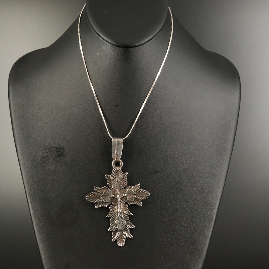Sterling Crucifix Pendant Necklace with Foliate Detail