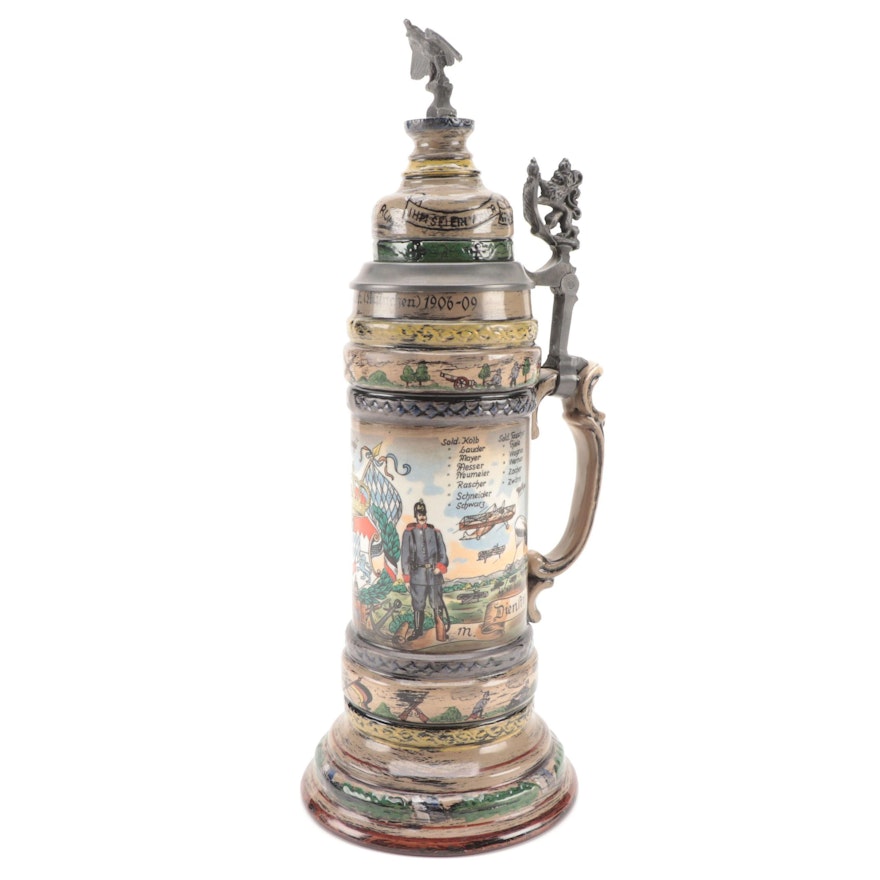 Josef Obermaier West German Stoneware and Pewter Stein, Mid to Late 20th C.