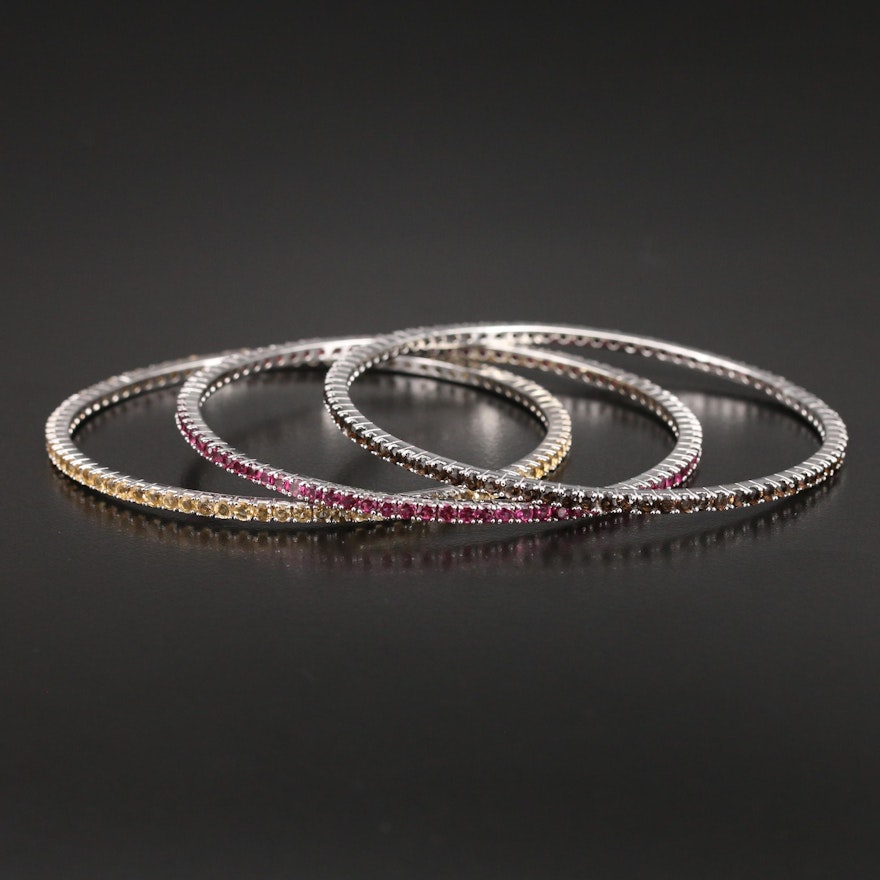 Sterling Smoky Quartz and Gemstone Stackable Bangles