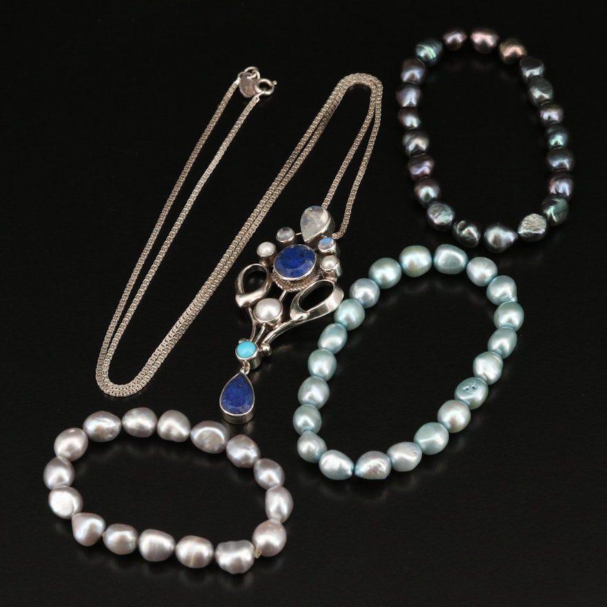 Sterling Necklace and Expandable Bracelets Including Moonstone and Pearls