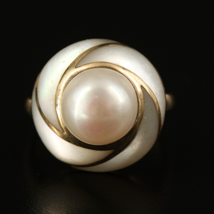14K Button Pearl and Mother of Pearl Inlay Ring