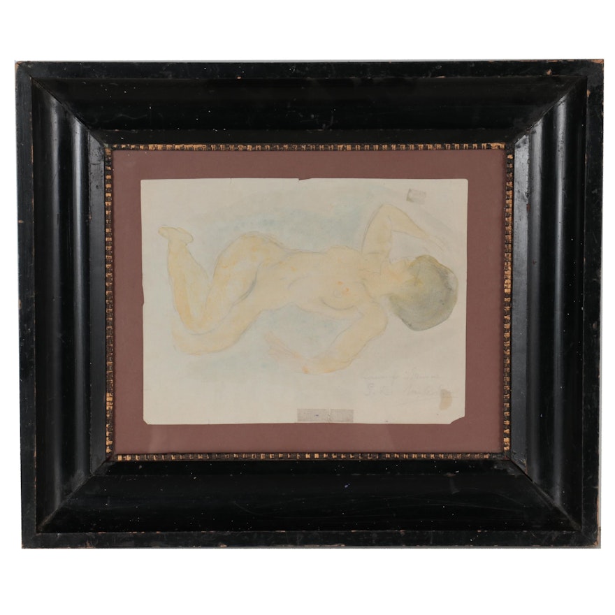 Watercolor Painting of Reclining Female Nude