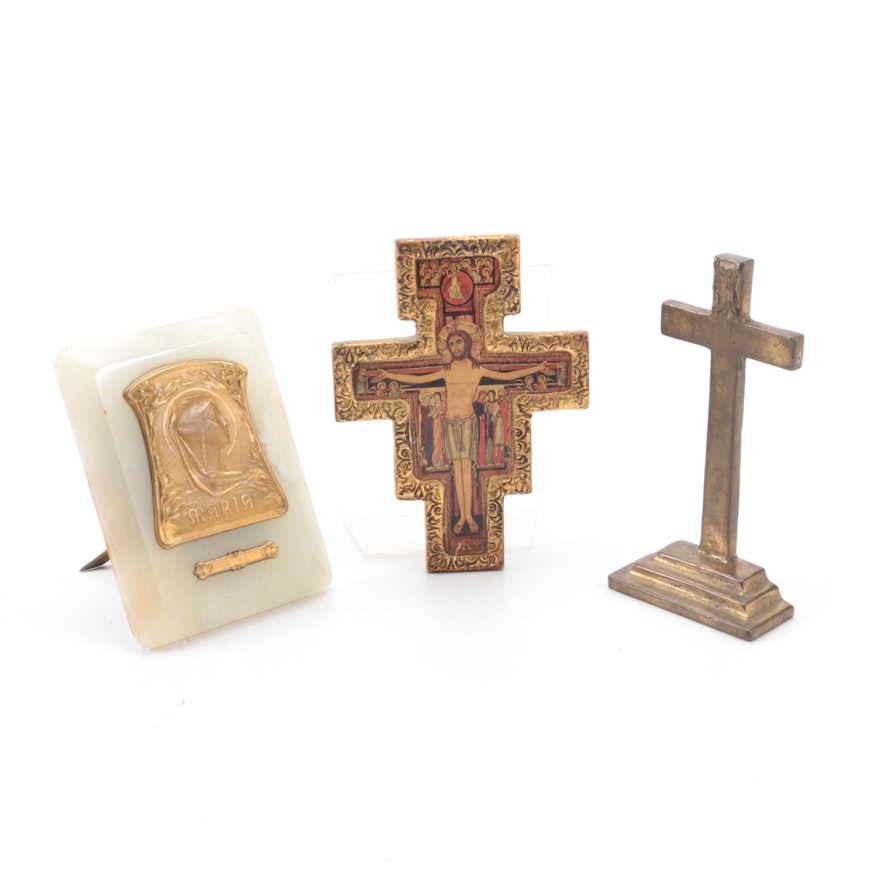 San Damiano Cross with Other Devotional Table Accessories, Mid to Late 20th C.