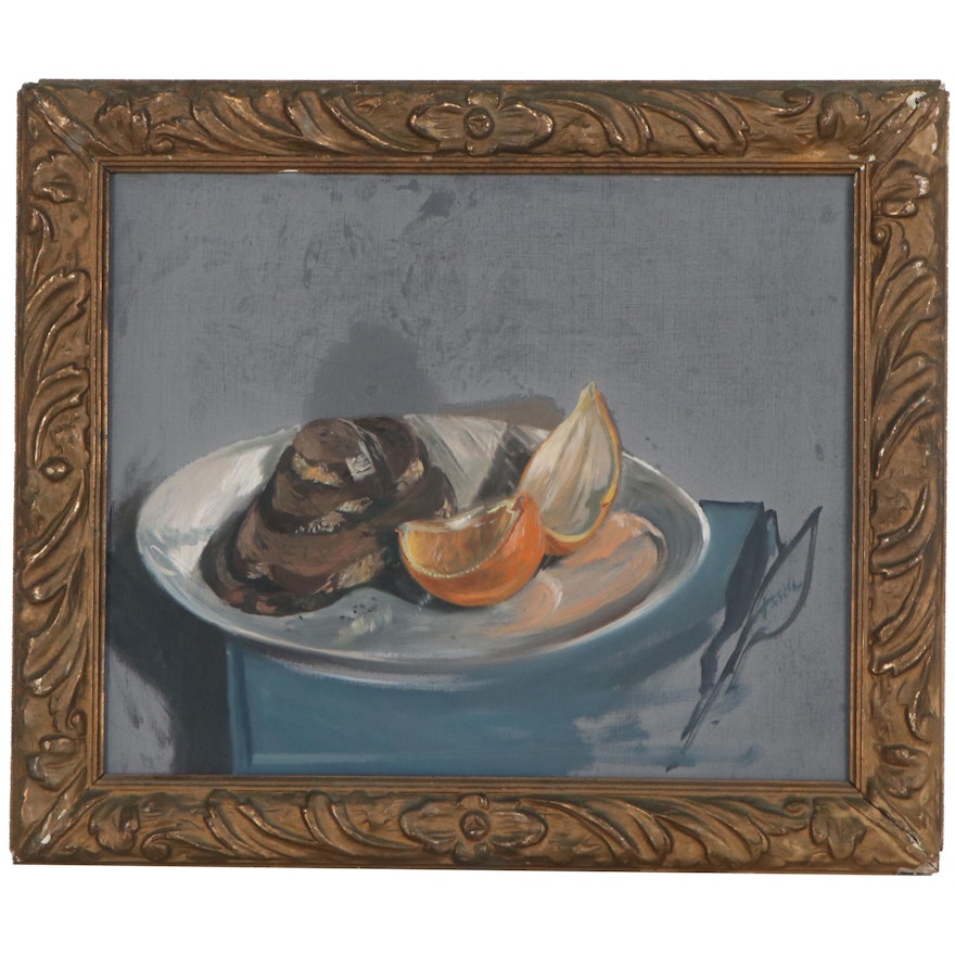 Still Life Oil Painting of Bread and Orange Slices, circa 1944