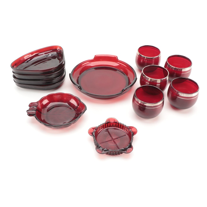 Anchor Hocking and Other Ruby Glass Relish Dishes, Ashtrays, and Glasses