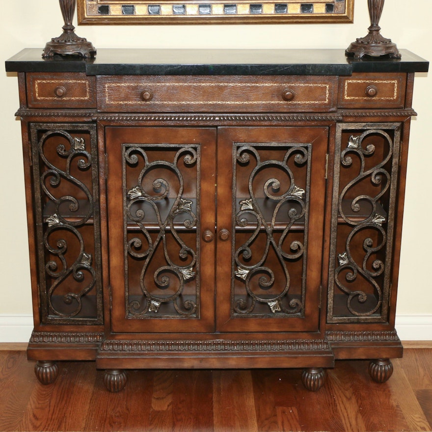 Metal Scrollwork and Wood Credenza with Laminate Top