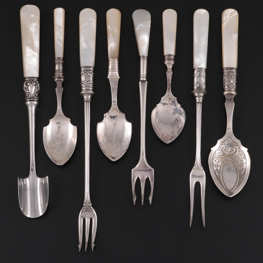 Mother-of-Pearl and Sterling Handled Serving Utensils, Late 19th Century