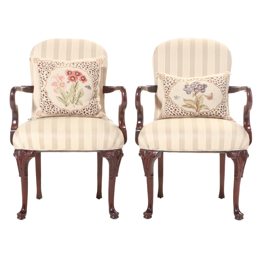 Pair of Queen Anne Style Mahogany Armchairs with Needlepoint Pillows