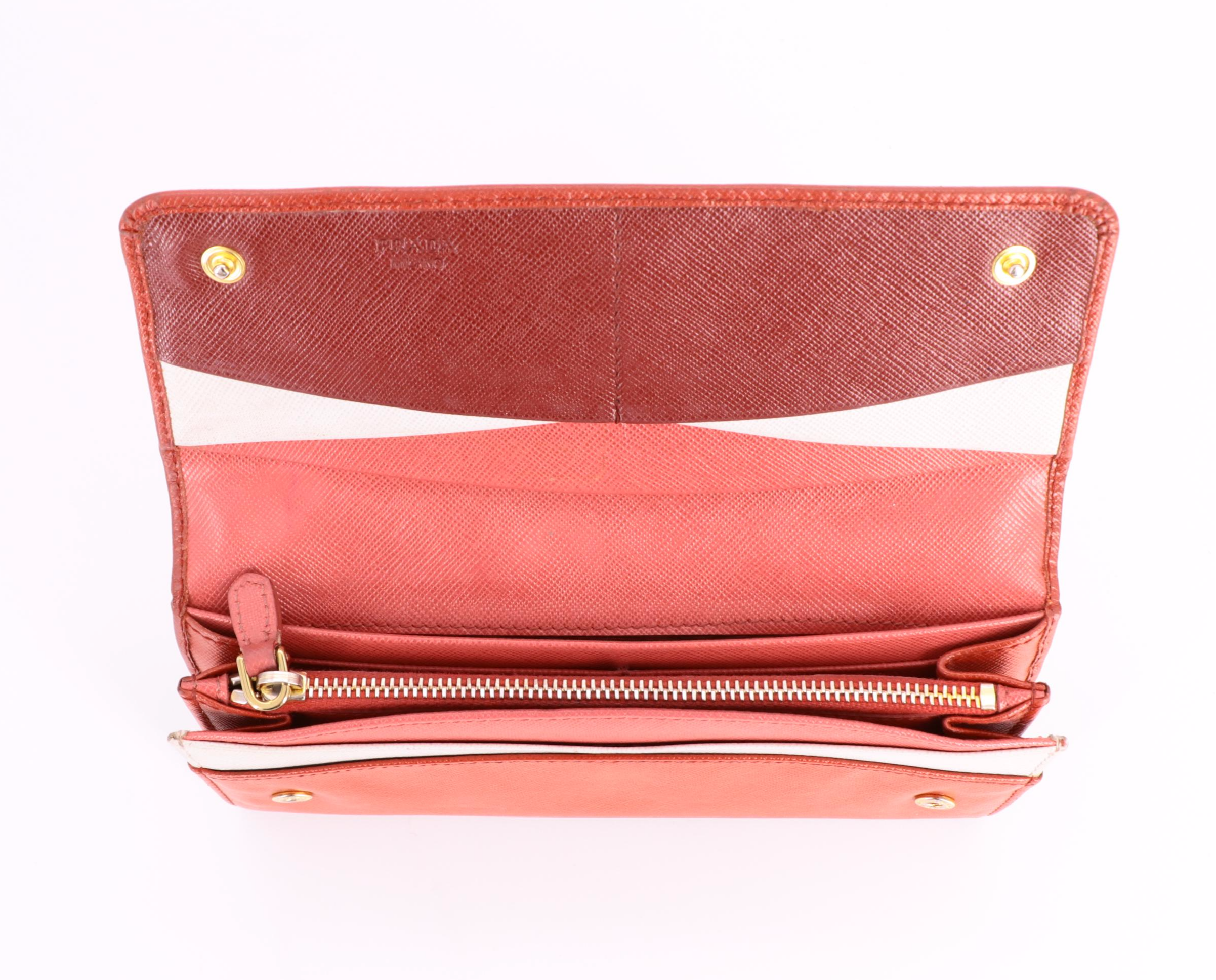Prada Red Saffiano Leather Wallet with Color Block Interior