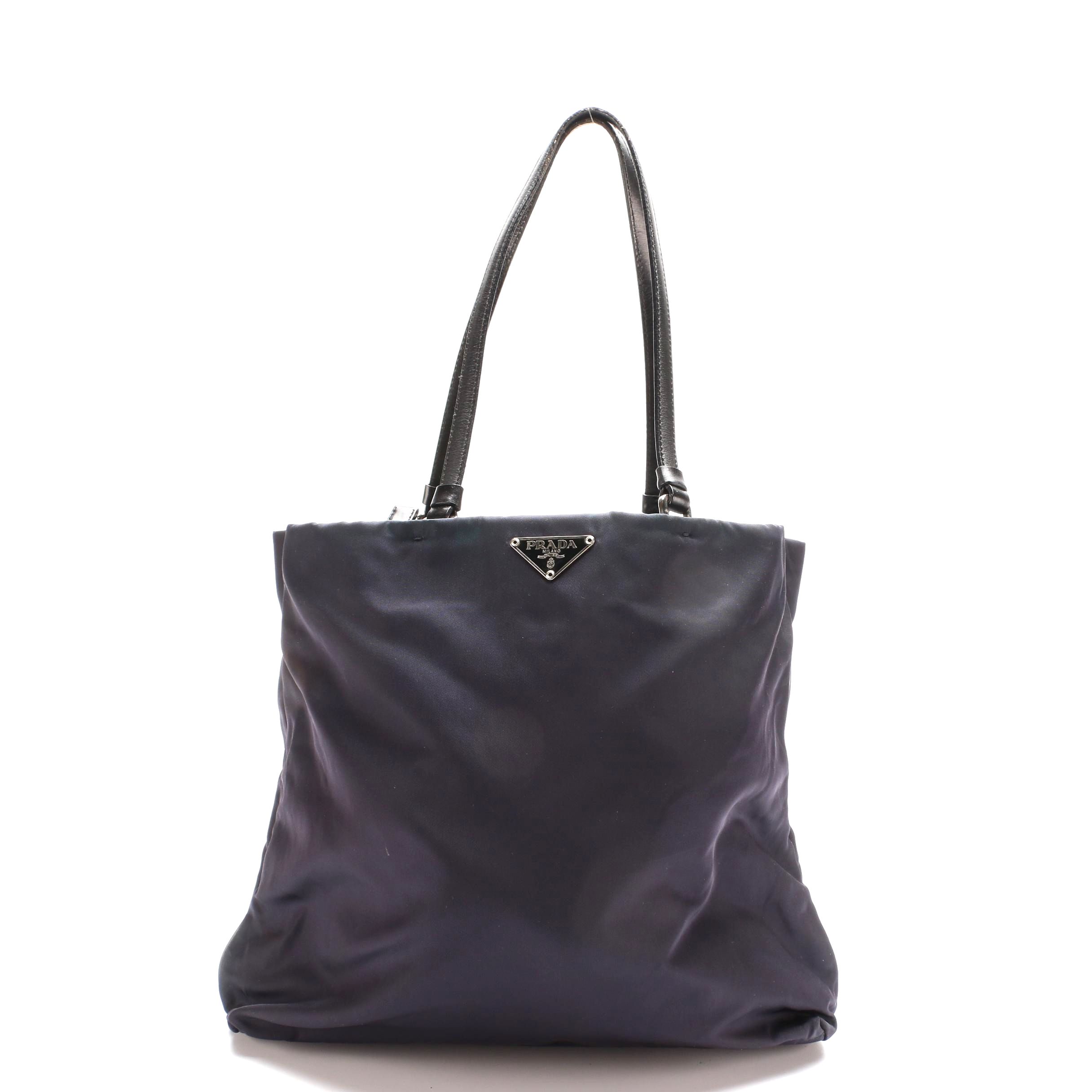 Prada Navy Tessuto Nylon Tote Bag with Black Leather Trim