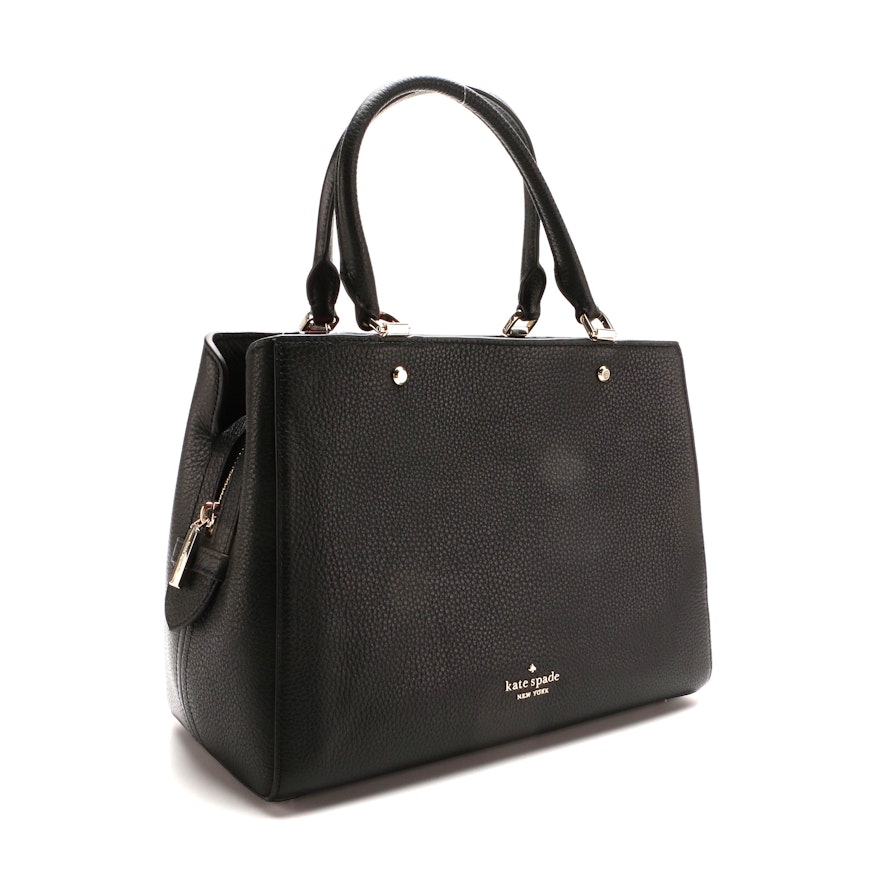 Kate Spade Leila Medium Triple Compartment Satchel in Black Grained Leather