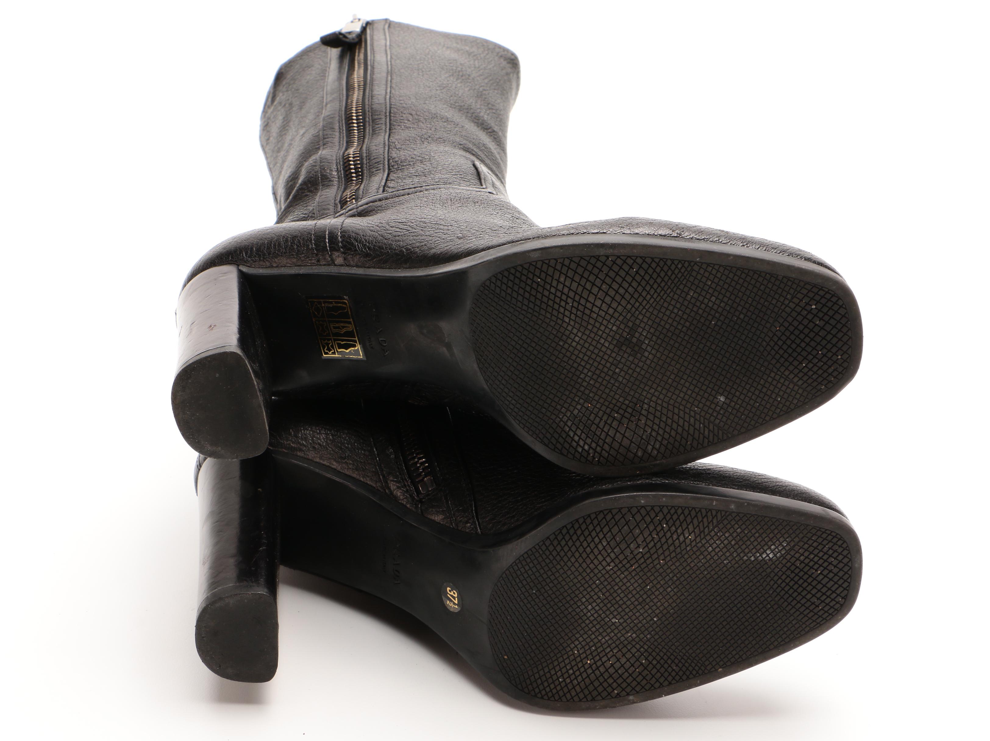 Prada Vitello Daino Grained Black Leather Block Heel Zip Boots