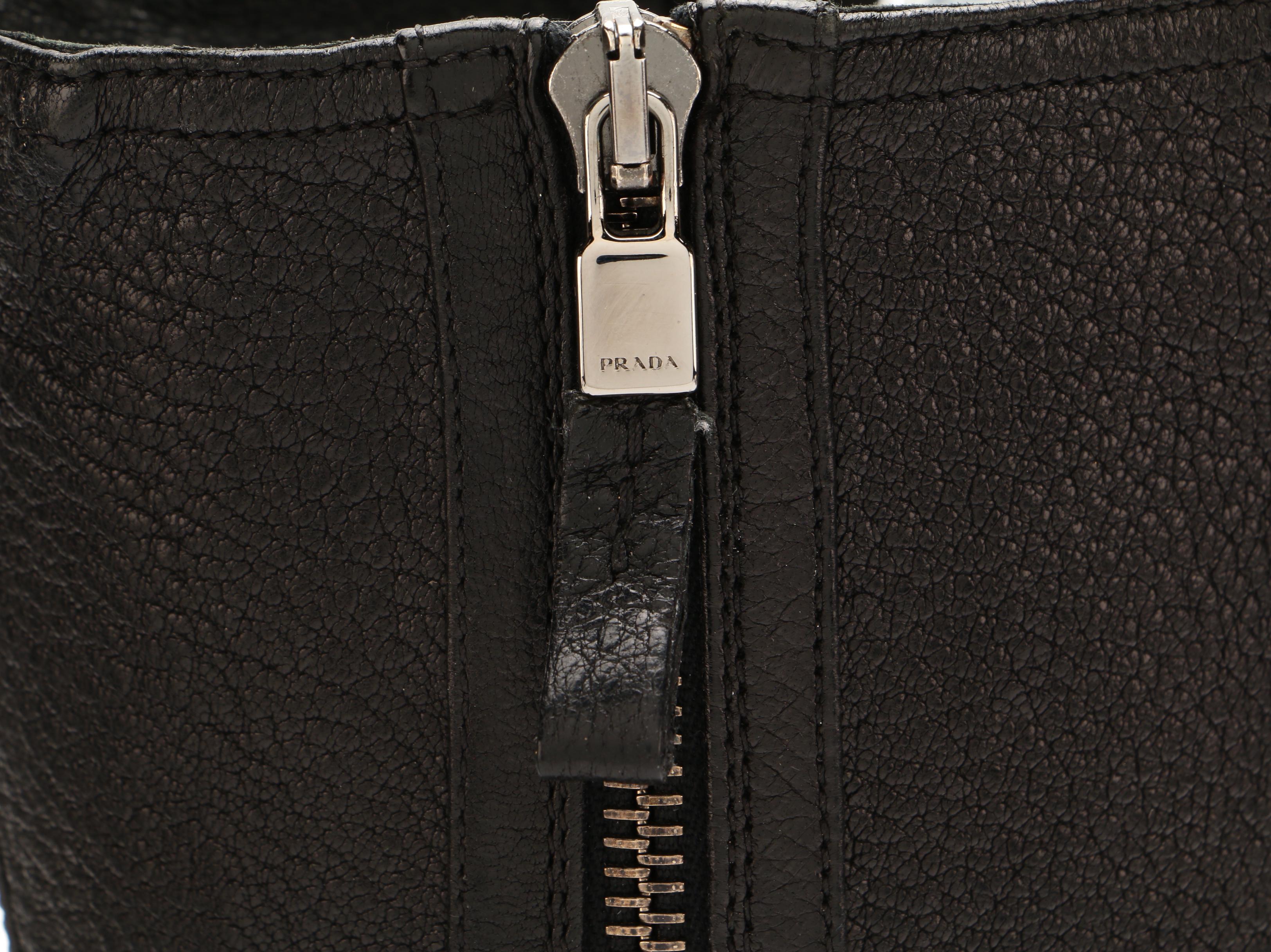 Prada Vitello Daino Grained Black Leather Block Heel Zip Boots