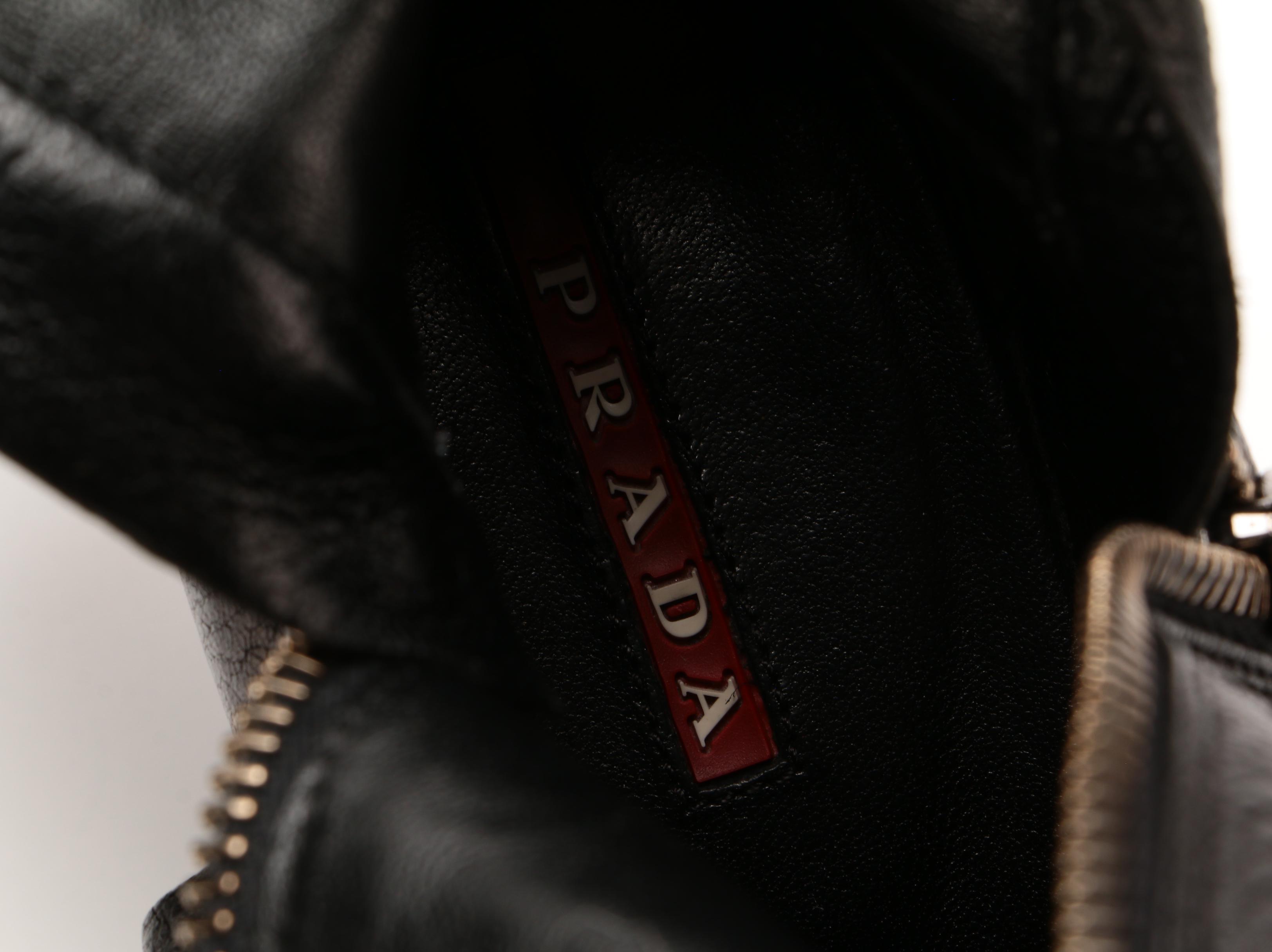 Prada Vitello Daino Grained Black Leather Block Heel Zip Boots