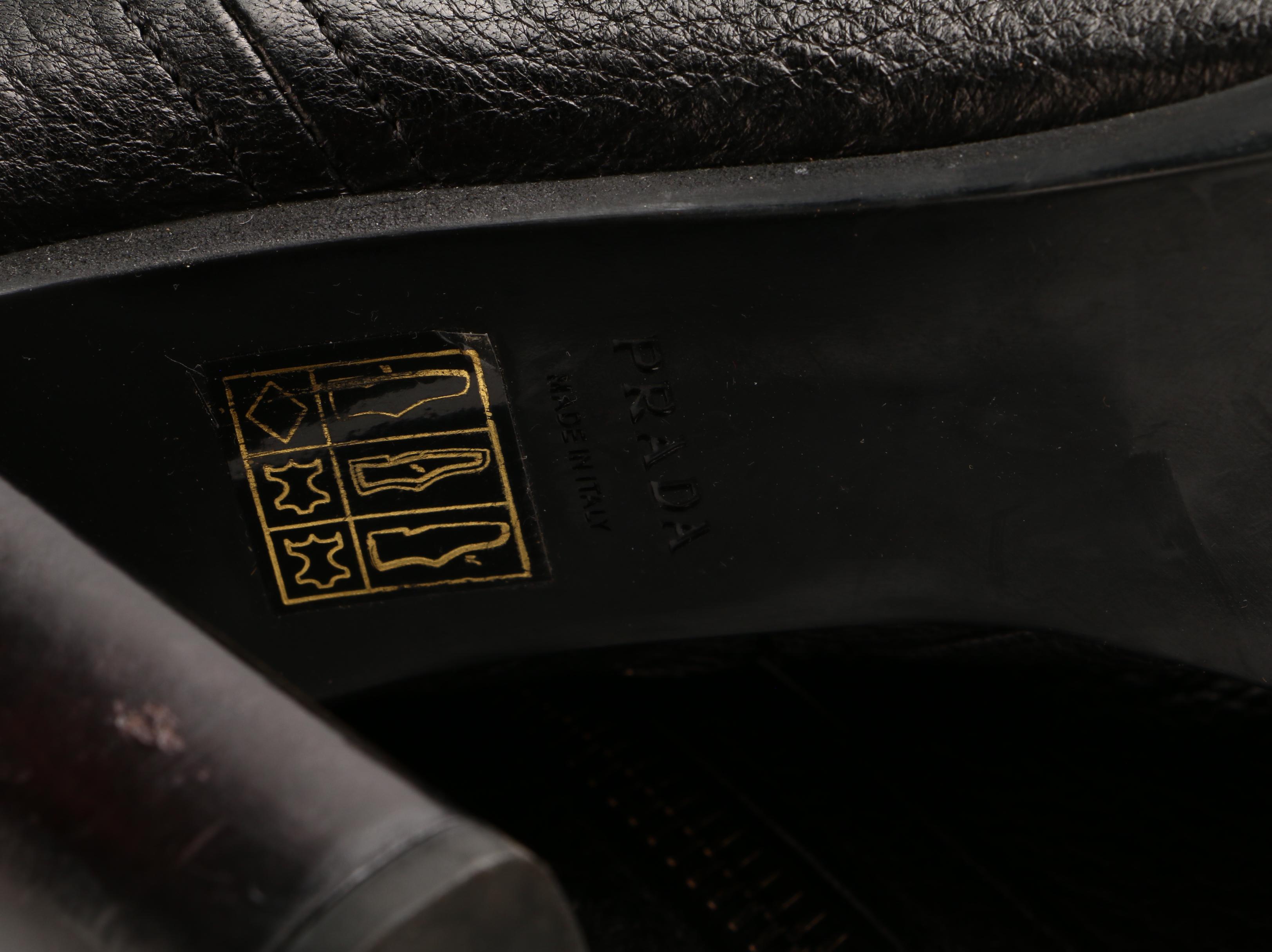 Prada Vitello Daino Grained Black Leather Block Heel Zip Boots