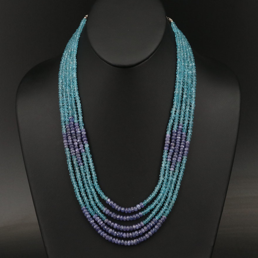 Mulit-Strand Tanzanite and Apatite Beaded Necklace with 900 Silver Clasp