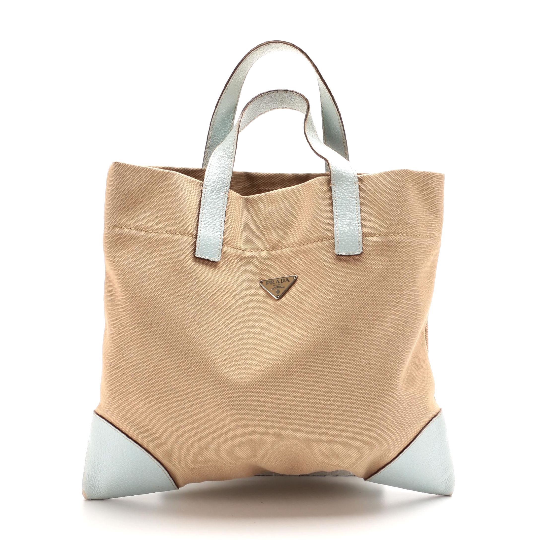Prada Tote in Khaki Canvas with Pale Blue Leather Trims