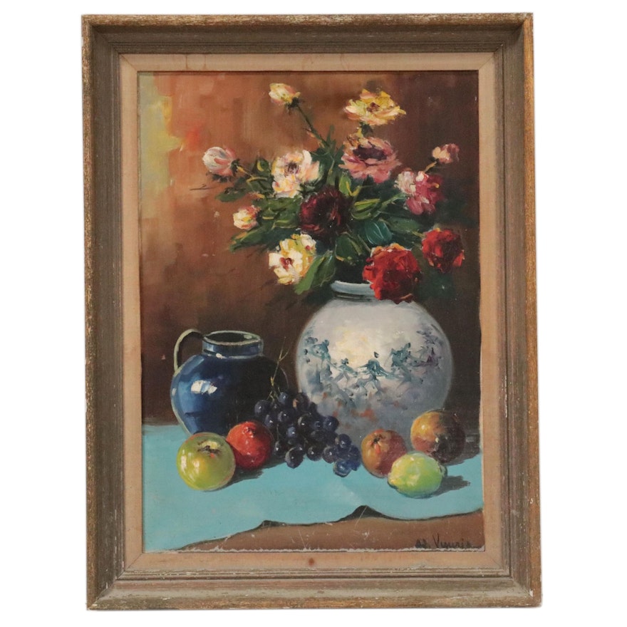 Still Life Oil Painting with Flowers and Fruit