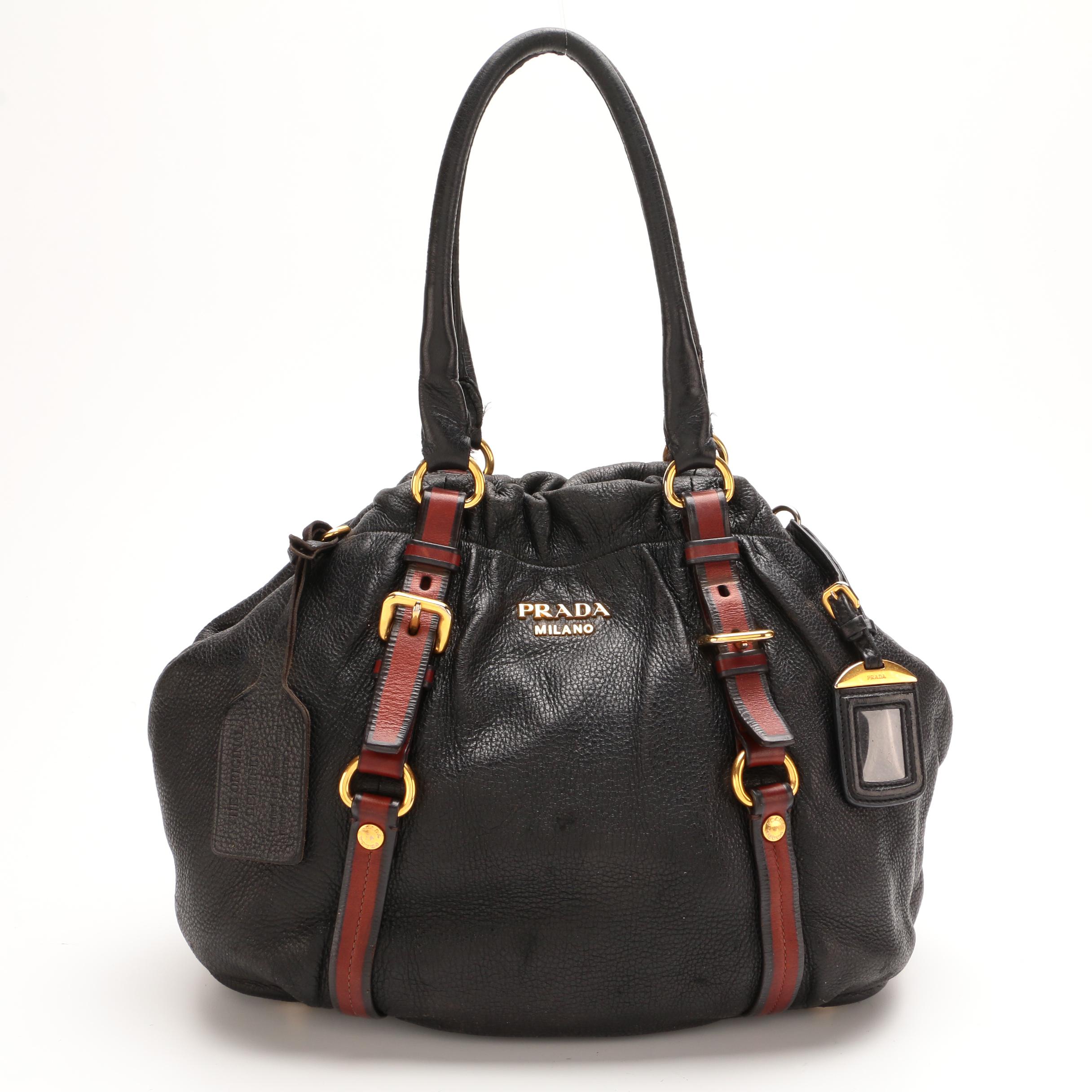 Prada Bicolor Daino Leather Satchel with Luggage Tag