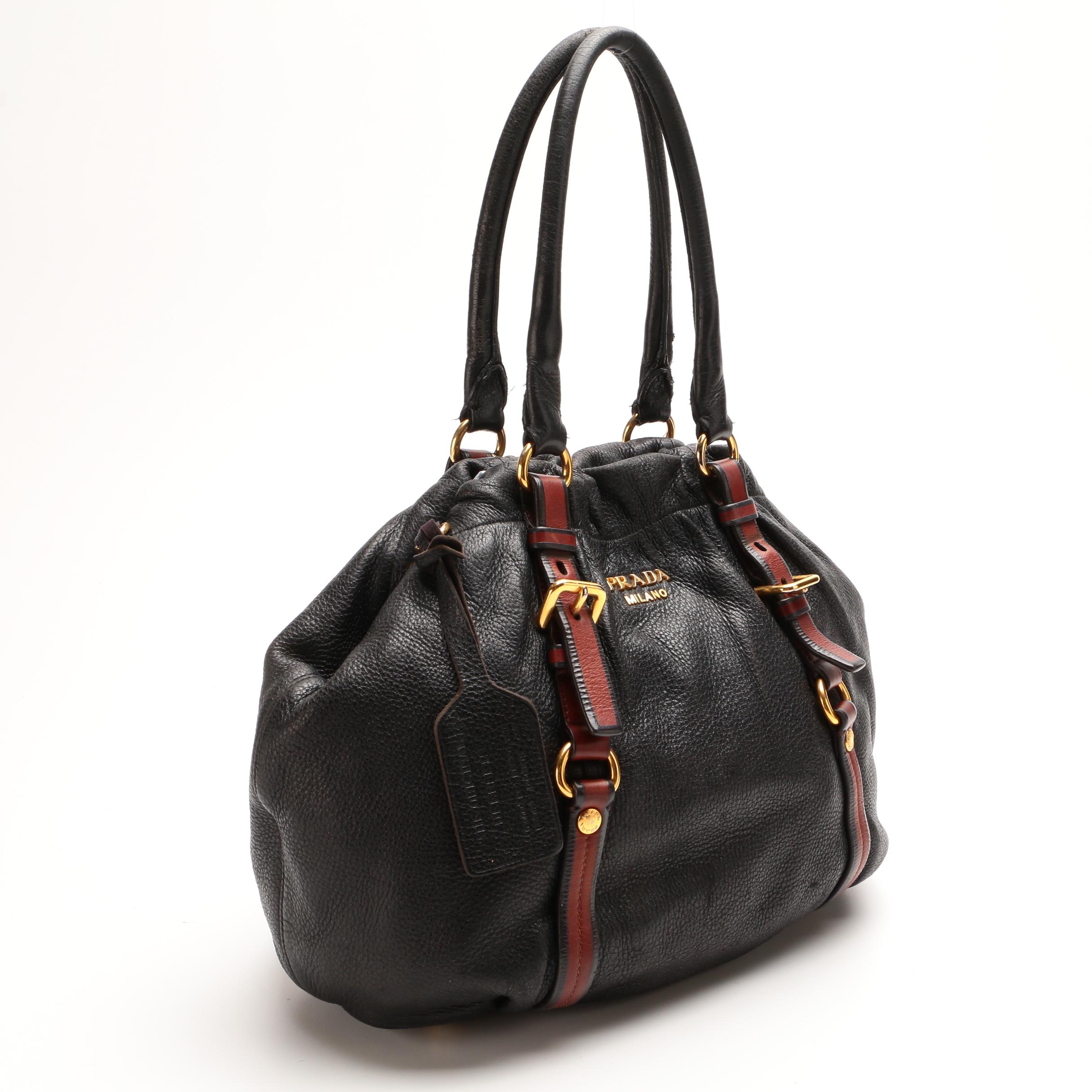 Prada Bicolor Daino Leather Satchel with Luggage Tag