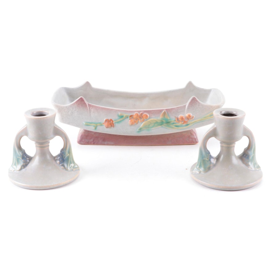 Roseville Pottery "Bittersweet" Console Bowl with "Tuscany" Candleholders