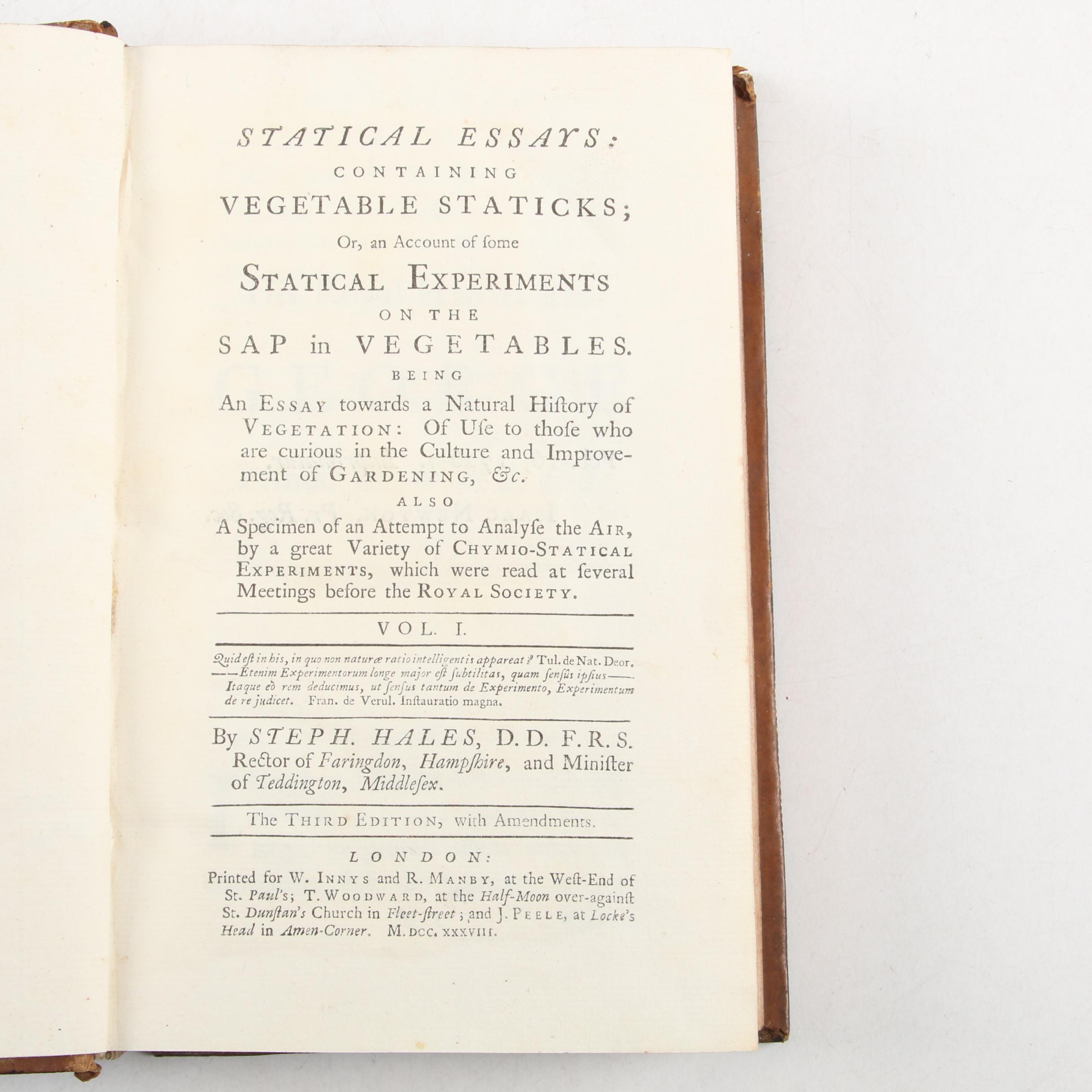 "Statical Essays" Third Edition by Stephen Hales, 1738