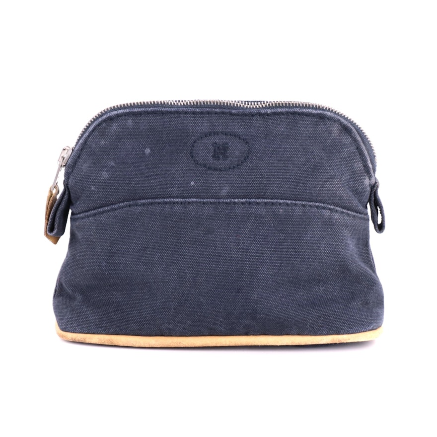 Hermès Small Bolide Travel Pouch in Navy Blue Canvas with Leather Trim