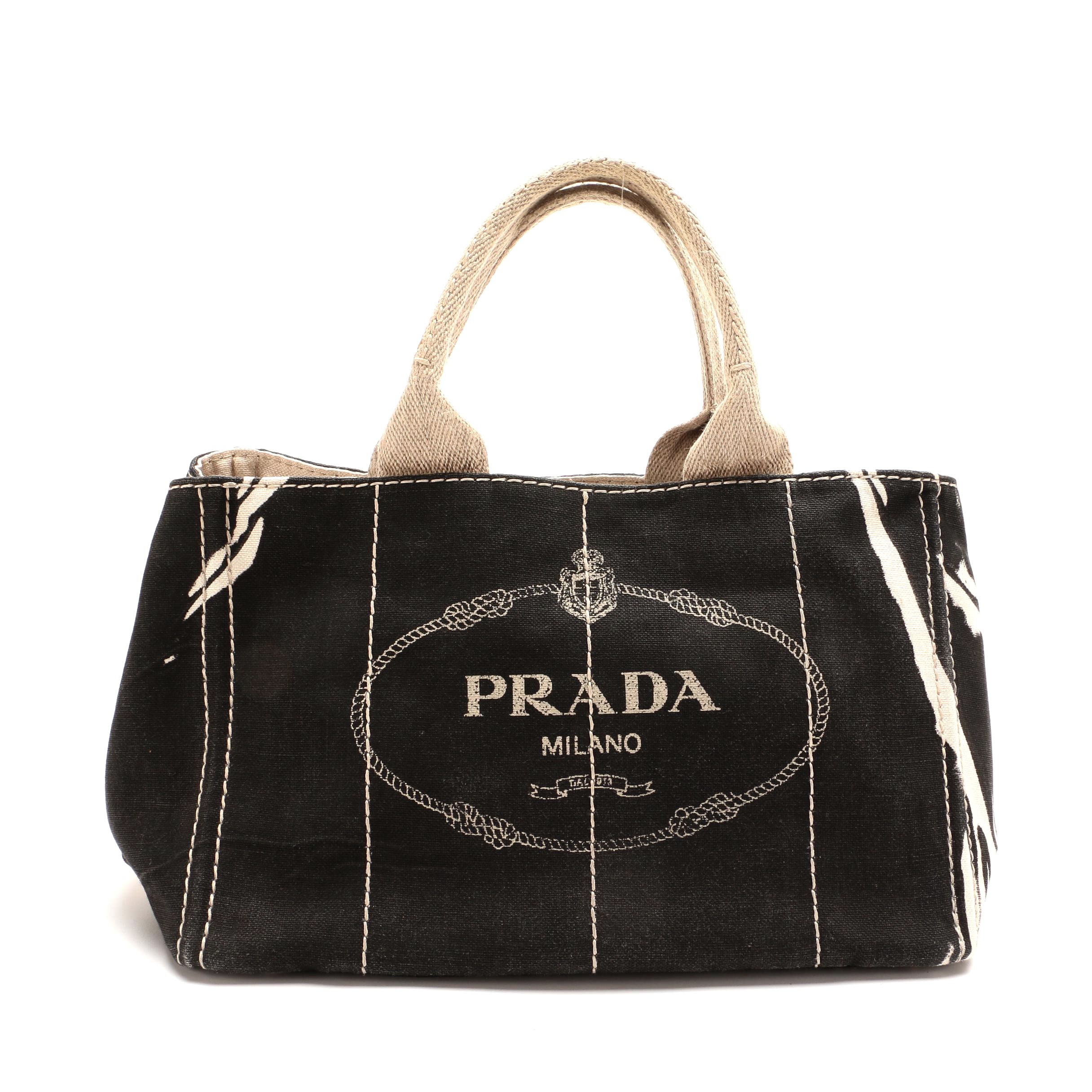 Prada Canapa Canvas Tote Bag in Black and Beige Canvas